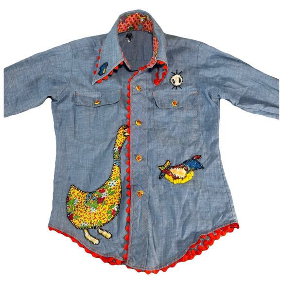 Vtg 70s JC Penney Unique Girls-size 10 Fall Scarecrow Jean Color Button Up Shirt - Picture 2 of 14